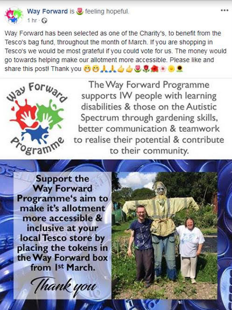 Way Forward has been selected as one of the charity’s to benefit from the Tesco’s bag fund